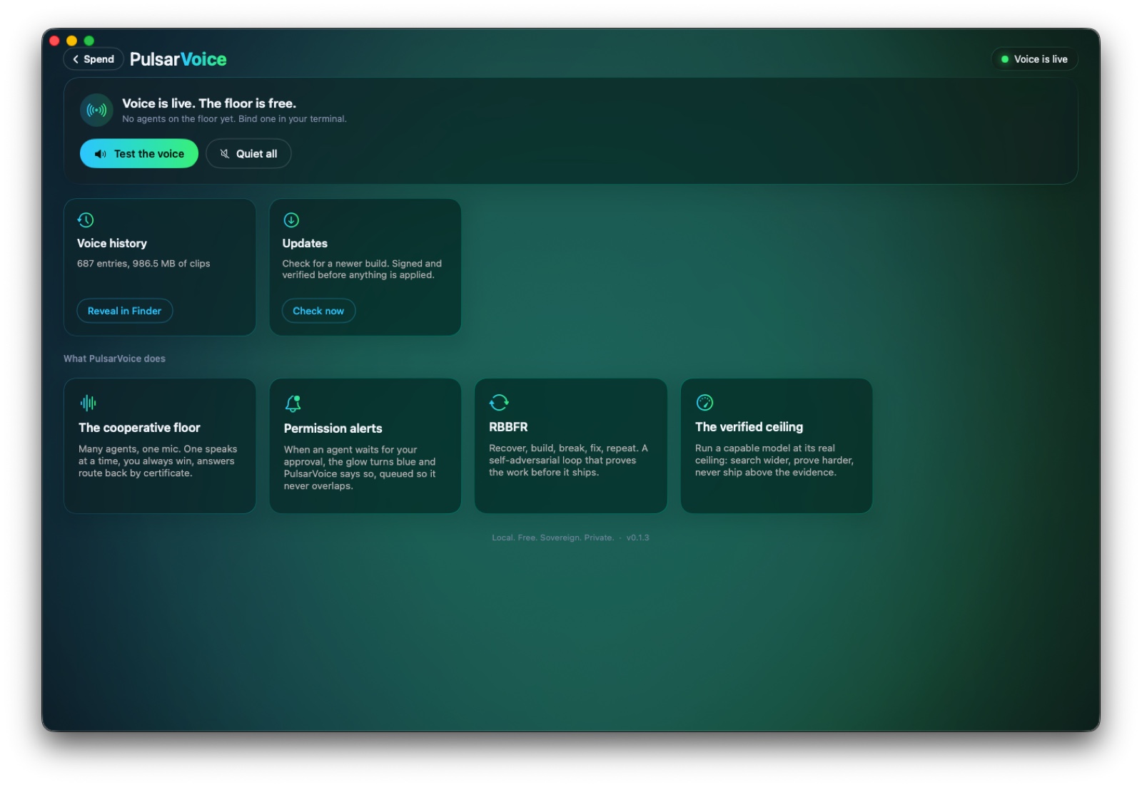 PulsarVoice console: the cooperative floor is live, voice history, updates, and the three capabilities.
