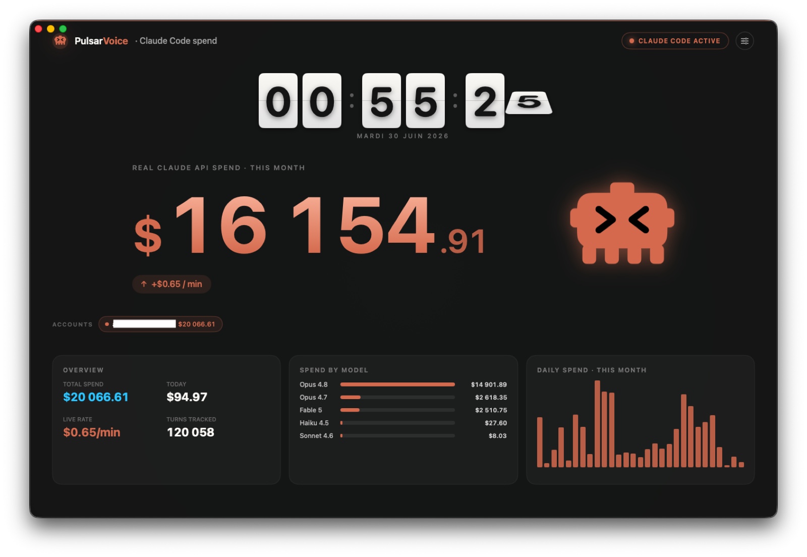 PulsarVoice spend dashboard: this month's live Claude Code spend, by model and by account, with a daily history and a real-time rate.